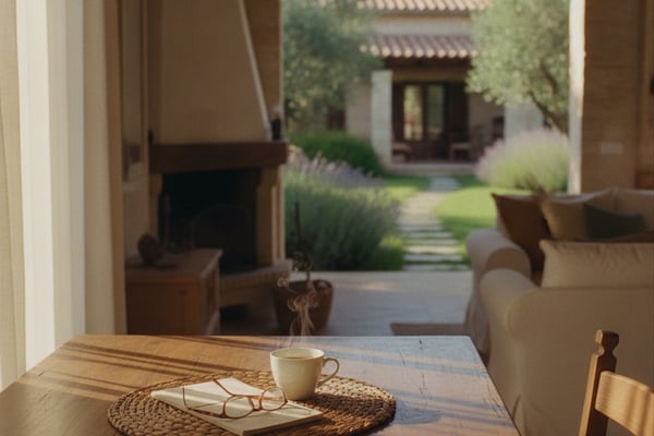 Wooden dining table with coffee cup and book overlooking courtyard with manicured lawn and Mediterranean-style building