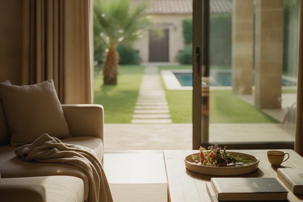 Beige armchair with throw blanket overlooking courtyard with palm tree, pool, and colonnade through open glass doors