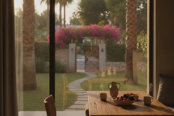 Wooden dining table with pottery and fruit overlooking manicured garden with palm trees and magenta bougainvillea archway