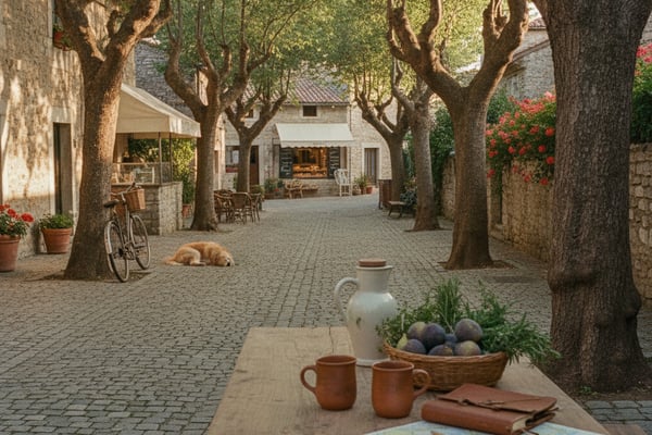 Tree-lined village courtyard with stone buildings, terracotta pottery, and a resting dog on cobblestone pavement